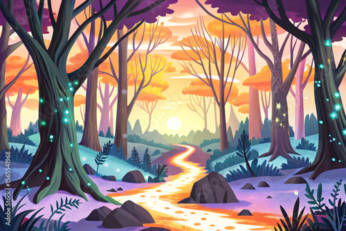 dark fantasy forest with bare mistless trees and a glowing path cartoon perfect vector background for RPG games, fantasy maps, and magical world-building design project