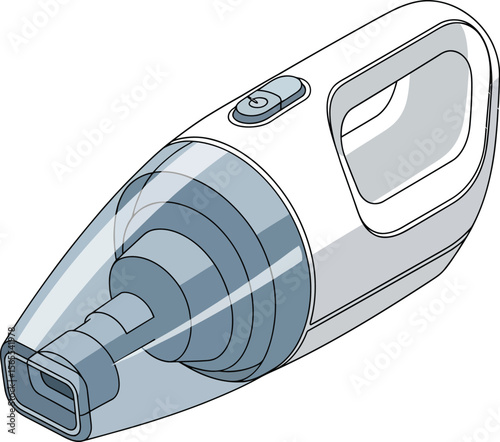 Isometric view of a handheld cordless vacuum cleaner isolated on a white background with transparent blue dust collector