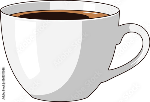 A simple vector illustration depicting a white ceramic coffee cup filled with freshly brewed black coffee