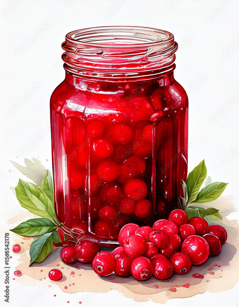 Aquarell Preiselbeermarmelade – handgemalte Illustration von fruchtiger Konfitüre im Glas Aquarell Preiselbeermarmelade – handgemalte Illustration von fruchtiger Konfitüre im Glas