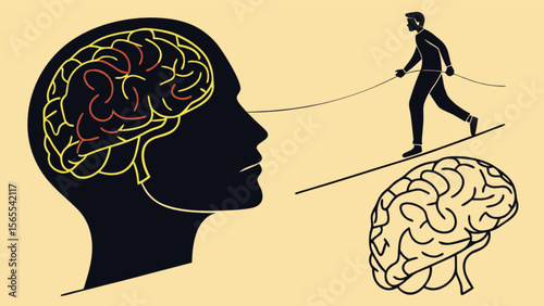 Mental health balance concept with brain and tightrope walker for psychology and wellness illustration