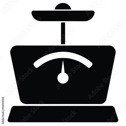 Black weighing scale displays the measuring dial and stands on a simple base transparent