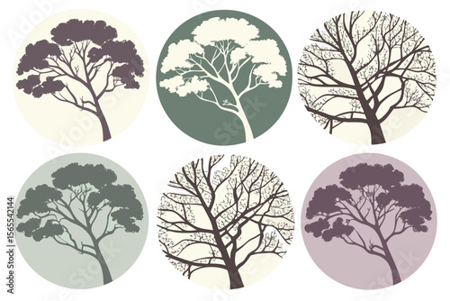 Set of Decorative Tree Silhouettes in Circles