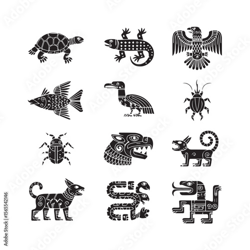 Set of isolated dark grey mythical creatures on white background