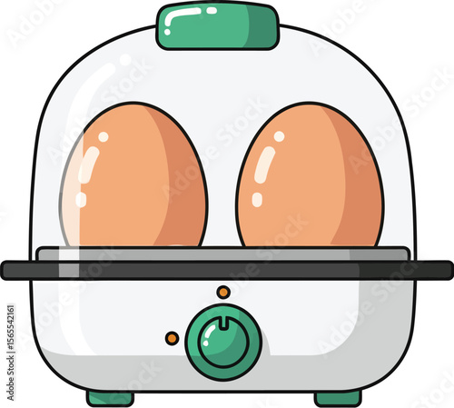 Two eggs cooking in an egg boiler depicted in a flat design style for culinary and kitchen purposes