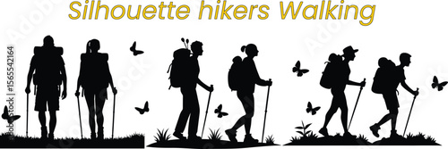 Silhouette hikers with backpacks and trekking poles walking on a hill with butterfly. activity, adventure, backpack, nature, hiking, journey.