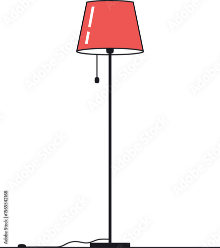 Flat design illustration of a modern red floor lamp with a simple minimalist aesthetic on white background
