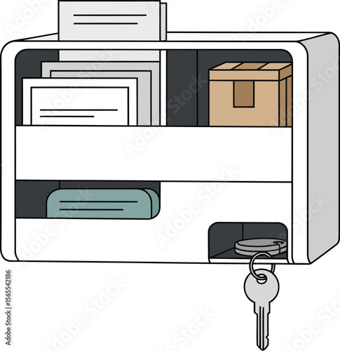 Simplified vector illustration of a secured wall mounted storage unit with a key and contents