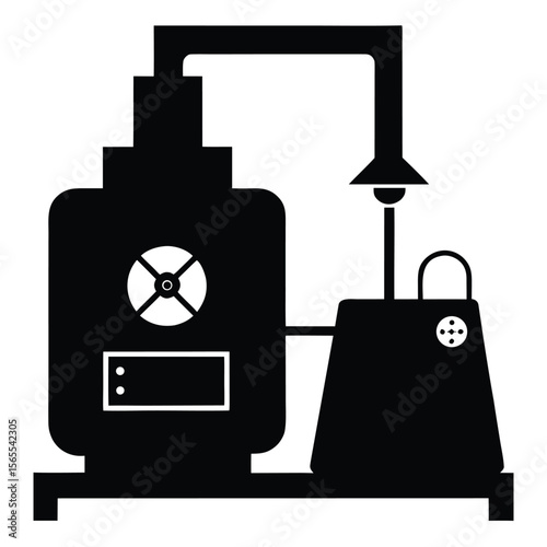 Isolated black steam machine silhouette features gauge, level indicator, and pipes on white
