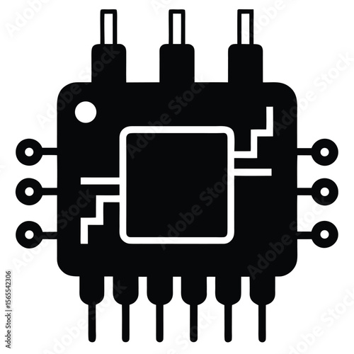 Isolated black microchip with connection pins and internal square shape is visible on white