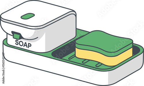 A stylish illustration featuring a soap dispenser with the word soap written and a kitchen sponge in a tray
