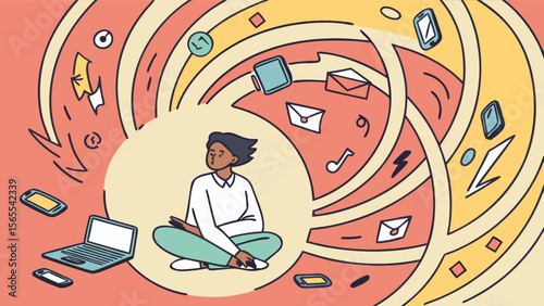 Illustration of overwhelmed woman with digital clutter and stress management concept design vector art