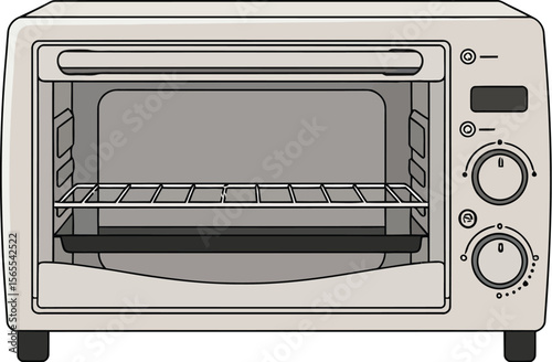 Vector illustration of a modern toaster oven appliance with rack and baking tray inside in a cartoon flat design style