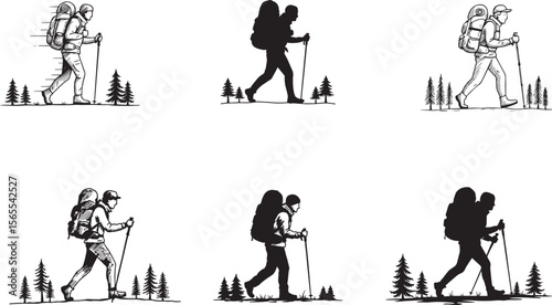 Solo Trekker: Silhouette images depicting a trekker navigating mountainous terrain with a backpack. A symbol of adventure, perseverance and the human spirit's call to explore nature.