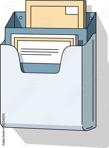 An illustrated wall mounted file organizer with documents and papers for office or business use