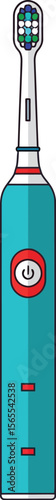 Illustrated electric toothbrush featuring power button and colorful bristles for dental hygiene and oral health
