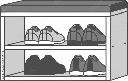 Minimalist shoe rack filled with sneakers depicting home organization and storage in a simple vector style