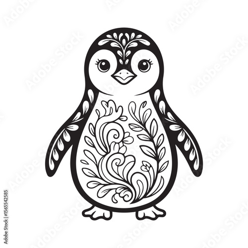 Adorable baby penguin with floral mandala patterns, isolated on white background