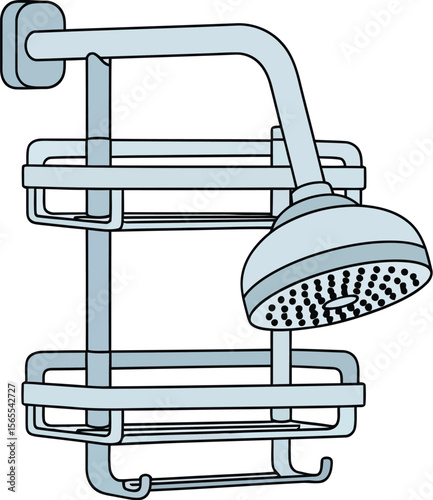 Simple blue shower head with attached shelves and hooks for bathroom organization and storage