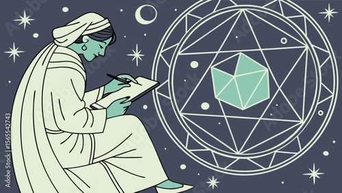 Illustration of woman drawing geometric shapes astrology esoteric art and spiritual practices design concept