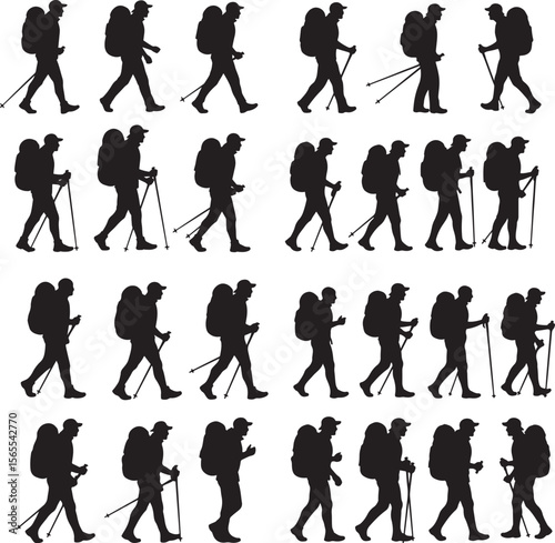 Walking Through The Journey: Silhouetted hikers stride confidently, each step a testament to adventure, with walking sticks and backpacks.