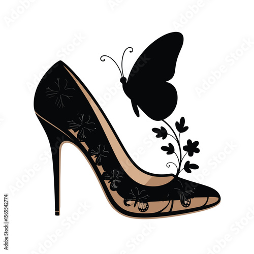 Elegant highheeled shoe with butterflies and flowers, isolated on white background