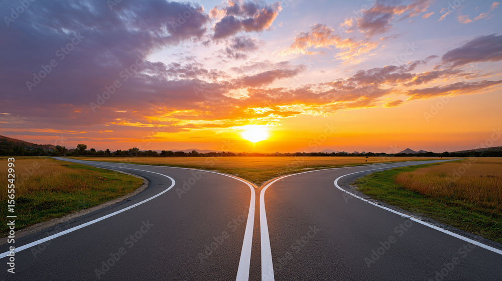 Naklejka premium The Crossroads of Choice. A Fork in the Road Concept. Two Paths, One Decision. Life Choices Symbolic Image