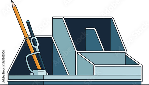 Vector illustration of a modern blue and grey desk organizer with a pencil and pen placed inside