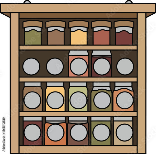 Wooden spice rack filled with various spices and herbs for culinary and kitchen purposes in a vector illustration
