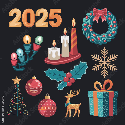 vector Happy New Year Celebrating 2025 in Latin letters , Christmas Decoration Items Santa Claus
