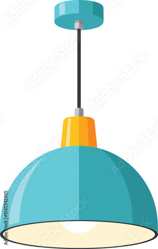 A modern teal colored pendant lamp illuminates a room with its bright light source in a vector illustration.
