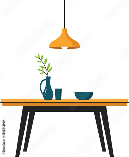 Minimalist flat design dining table with decorative vase cup and hanging lamp in a bright interior