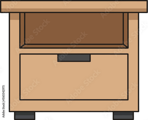 Simple and minimalist vector illustration of a beige wooden nightstand with drawer and open shelf for bedroom design