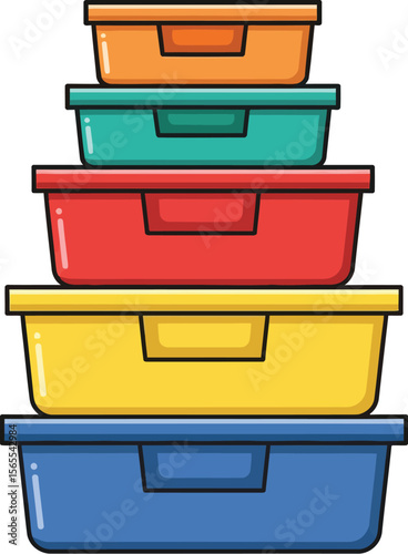 A colorful stack of plastic food containers in various bright and eye catching colors