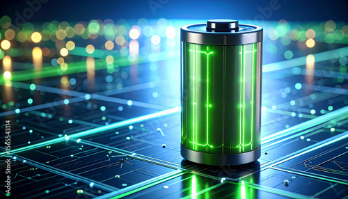 Digital Battery: Futuristic image of a battery charging in a digital environment, electric power, renewable energy.