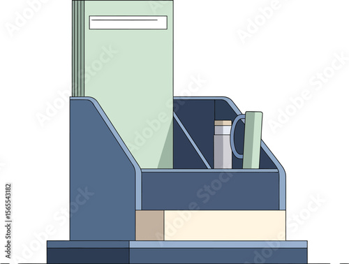 Organized desktop workspace illustration featuring documents mug and supplies for office or home