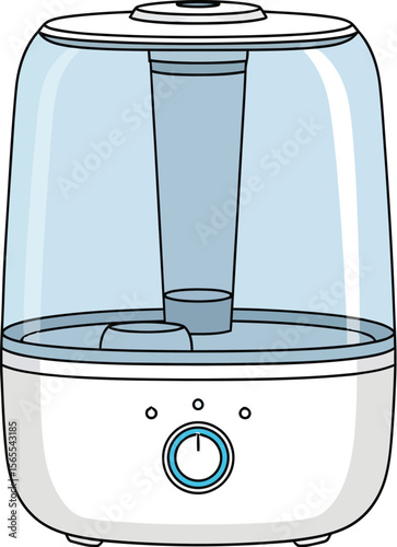 Simplified illustration of a modern ultrasonic humidifier with a transparent water chamber and control panel