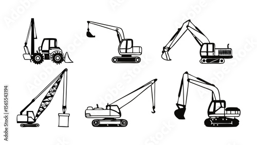 Vector Silhouette Collection of Construction Equipment Including Cranes, Bulldozers, and Excavators, Isolated on White Background for Industrial and Engineering Design