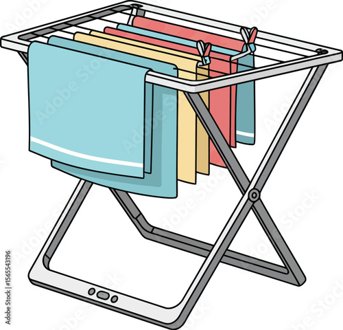 Clean colorful towels drying on a foldable clothes horse clothes drying rack illustration