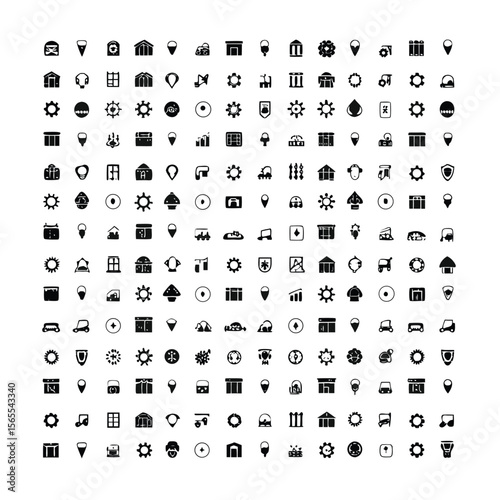 Iconic Visual Symphony: A minimalist visual symphony featuring a comprehensive array of black icons, meticulously arranged to evoke a sense of modern elegance and informational clarity.