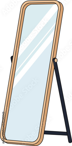 An illustrated full-length mirror with a wooden frame and dark supporting stand isolated on white background
