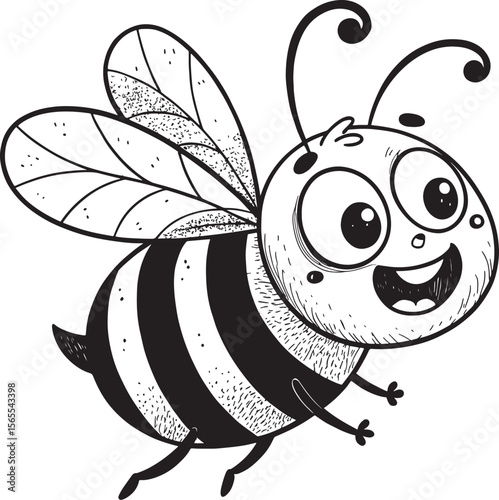 Animated Bee's Cheerful Flight: An illustrated cartoon of a friendly, buzzing bee flying with a happy, expressive face, radiating warmth and positivity. 