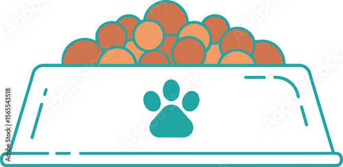 Simple illustration of a bowl filled with pet food featuring a paw print symbol for animal consumption