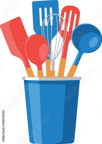 Colorful kitchen utensils in a blue utensil holder ideal for cooking and baking preparations
