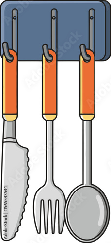 Illustration of kitchen utensils hanging from a wall mounted holder for cooking and food preparation