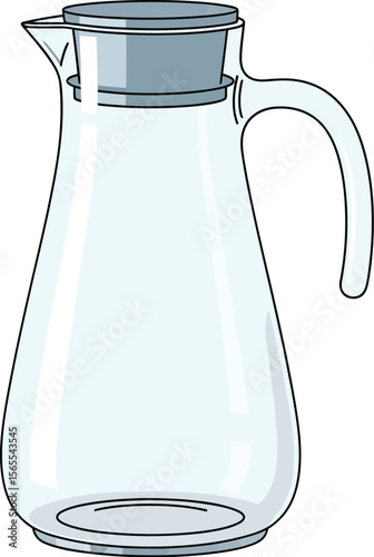 Simple illustration of a clear glass water pitcher with a gray lid and handle for serving drinks.