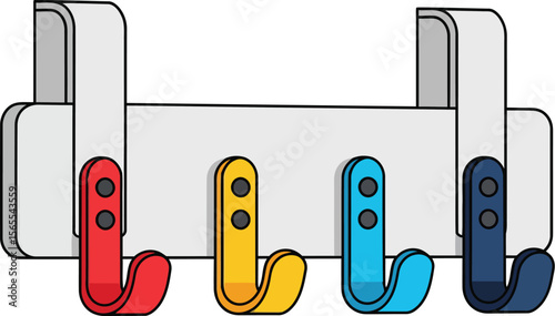 A colorful minimalist vector illustration of a wall-mounted coat rack with four hooks ready for use