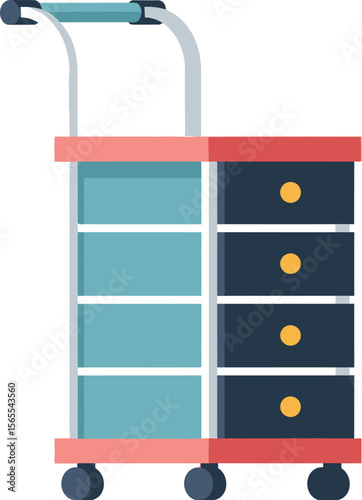 Modern flat vector illustration of a hospital medical cart with drawers and shelves for storing items.