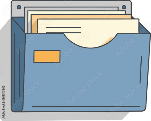 Illustration of a blue wall file holder with documents for office organization and administrative processes