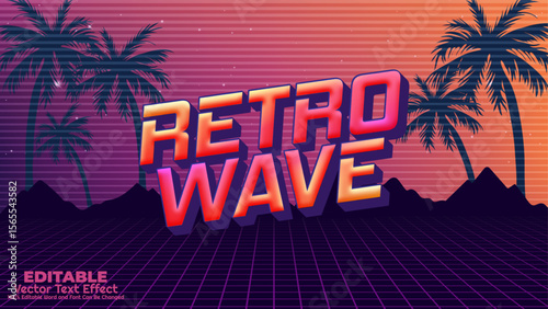 Retro wave 3d editable vector text effect. 80s synthwave, cyberpunk, neon vaporwave, futuristic typography design with retro background.